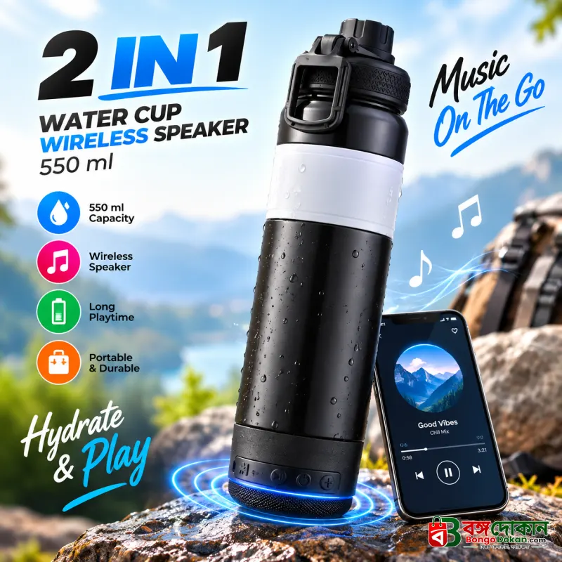 2-in-1 Portable Wireless Bluetooth Speaker & Water Bottle (550ml) – Leak-Proof Lifestyle Gadget with Hand Strap for Sports, Gym & Outdoor Travel - বাংলাদেশে সেরা দাম ও স্পেসিফিকেশন