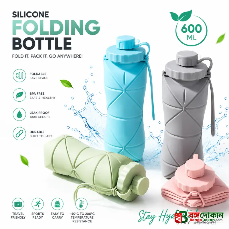 Creative Silicone Folding Water Cup – 600ml Portable & Scalable Leak-Proof Travel Bottle with Lid & Handle for Sports, Gym, Office & School (Multi-Color) - বাংলাদেশে সেরা দাম ও লাইফস্টাইল কালেকশন