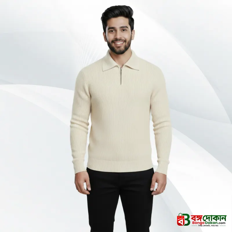 Men's Rib high Neck Sweater Half zipper (Cream) - বাংলাদেশে সেরা দাম ও উইন্টার কালেকশন
