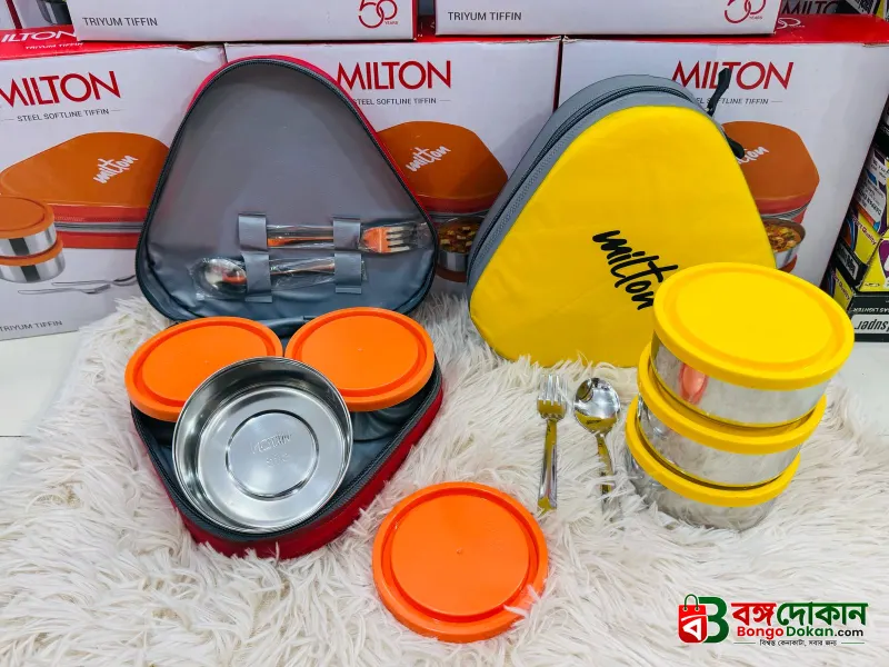 MILTON Triyum Stainless Steel Tiffin, 3 Container, 280 ml Each, with Jacket, Spoon & Fork, Orange | Lunch Box | Food Grade | Odour Proof | Light Weight | Hygienic - বাংলাদেশে সেরা দাম ও উইন্টার কালেকশন