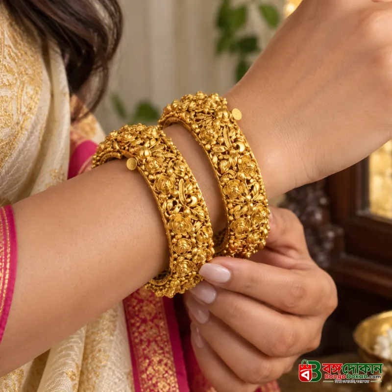 Royal Embossed Floral Gold-Plated Bangle Set - বাংলাদেশে সেরা দাম ও লাইফস্টাইল কালেকশন | বঙ্গদোকান