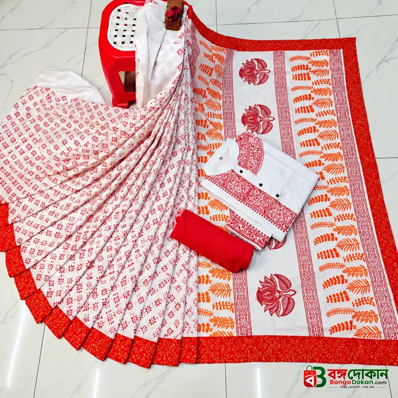 Special Puja Collection: Traditional Red and White Block-Print Couple Set - বাংলাদেশে সেরা দাম ও আকর্ষণীয় কালেকশন