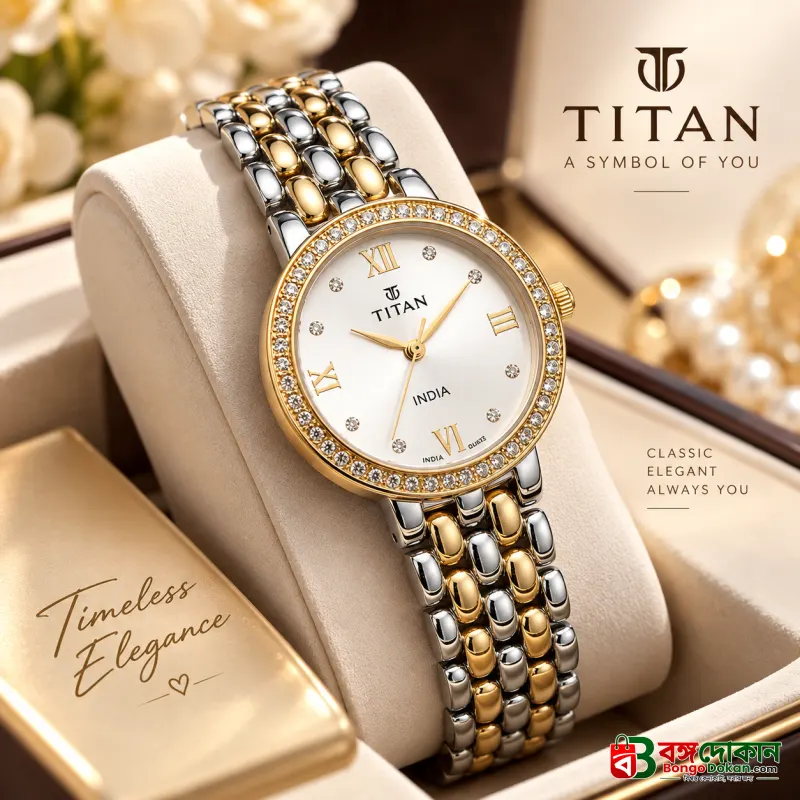 Titan Two-Tone Crystal Roman Dial Men's Watch – Quartz Analog Movement, 3ATM Water Resistant, Scratch-Resistant Mineral Glass, Stainless Steel Strap with Free Chain Cutter & Gift Box - বাংলাদেশে সেরা দাম ও নতুন কালেকশন